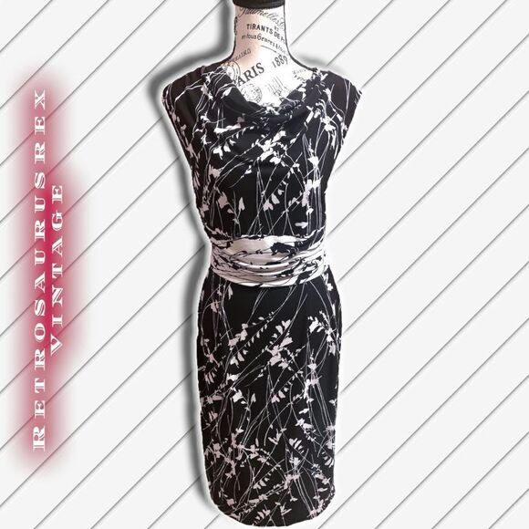 Adrianna Papell Black & White Abstract Floral Sleeveless Stretch Dress, Size 8 - Picture 4 of 6
